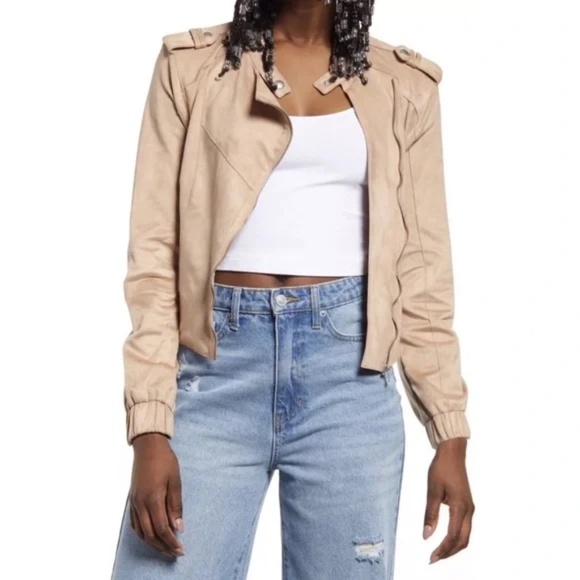 Blank NYC Faux Suede Moto Bomber Jacket Sand Dune Asymmetric Zip Size XS - Picture 1 of 9